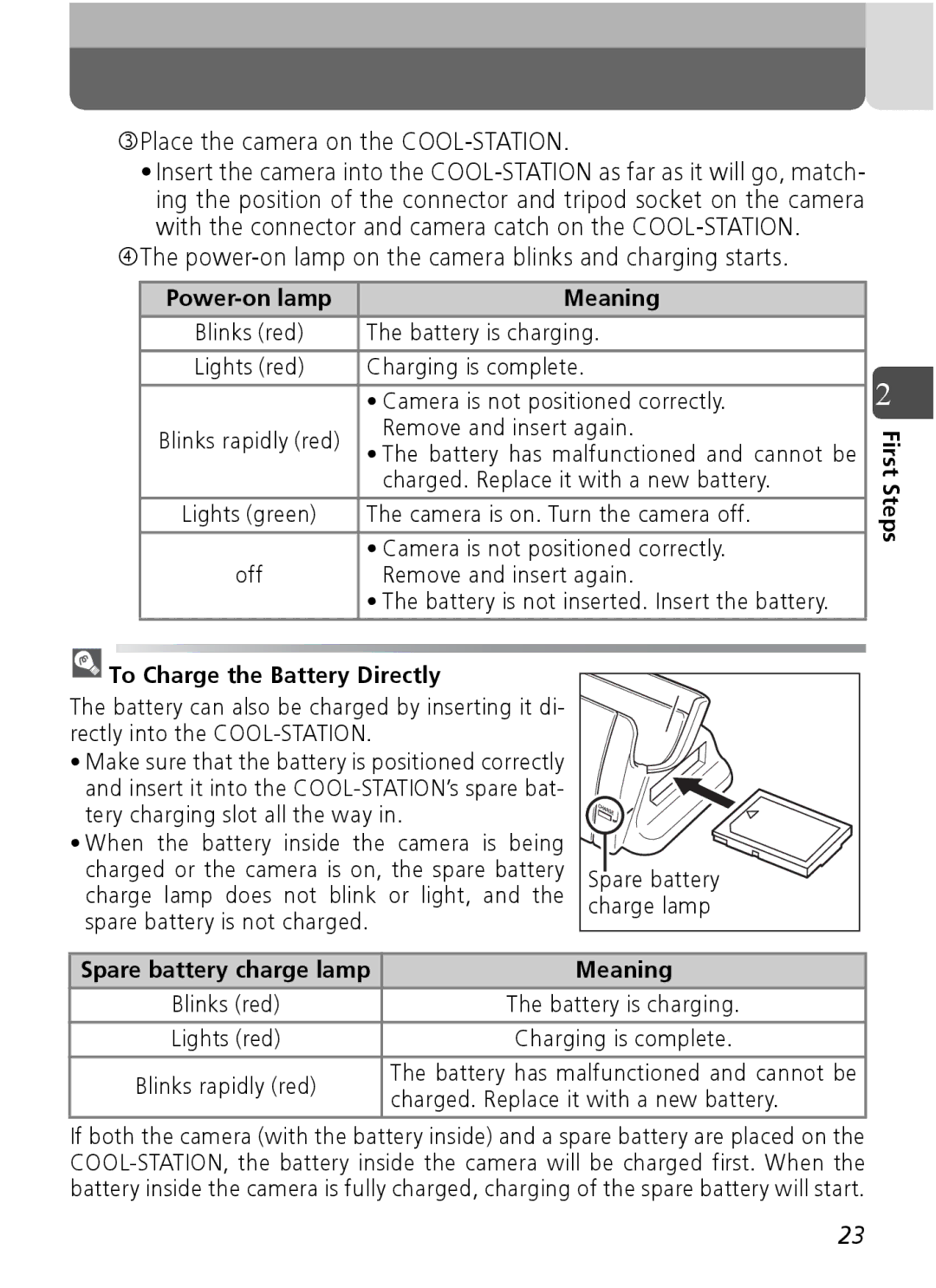 Nikon Coolpix SQ manual EPlace the camera on the COOL-STATION, FThe power-on lamp on the camera blinks and charging starts 