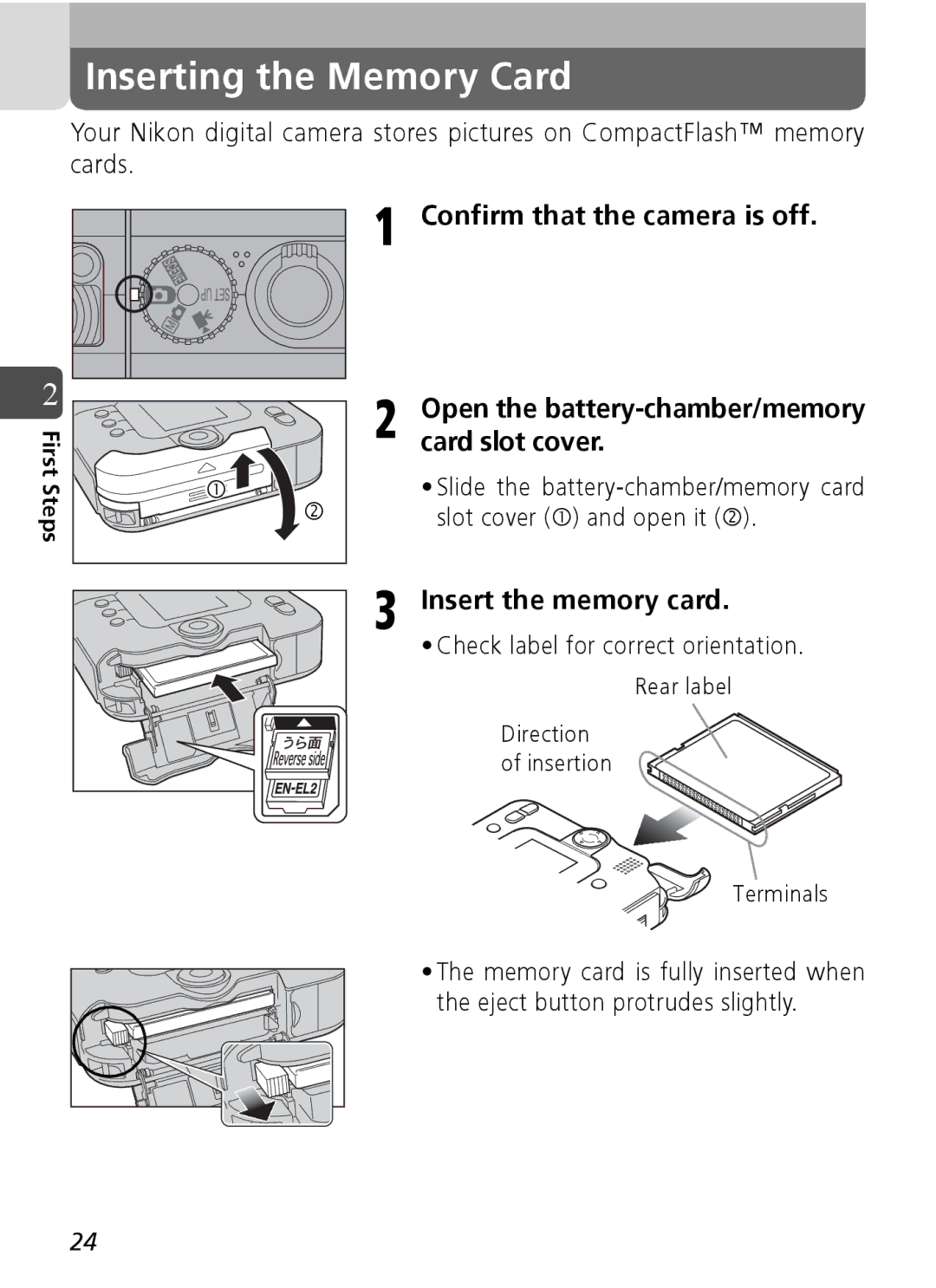 Nikon Coolpix SQ manual Inserting the Memory Card, Confirm that the camera is off, Insert the memory card 