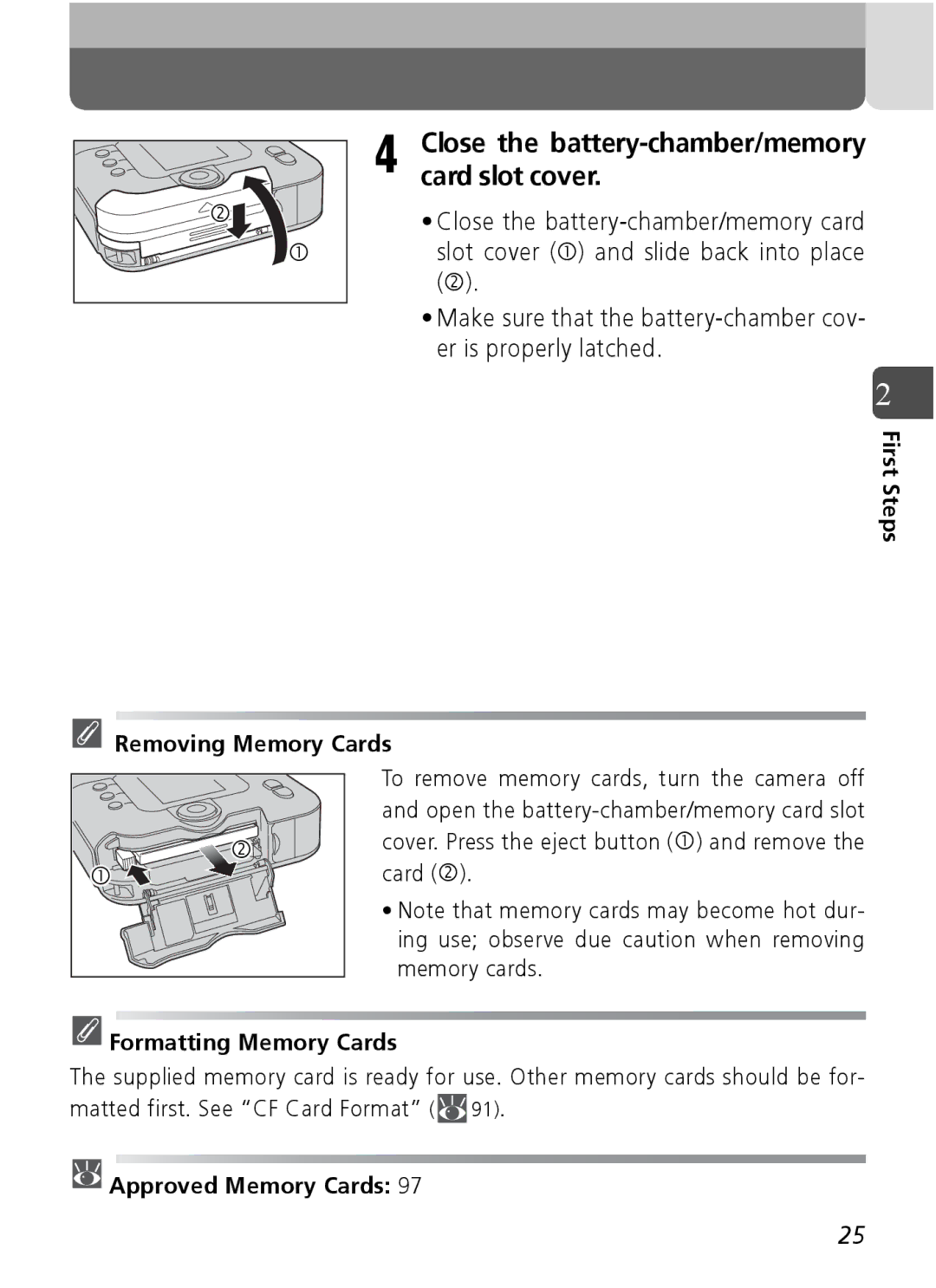 Nikon Coolpix SQ manual First Steps Removing Memory Cards, Formatting Memory Cards, Approved Memory Cards 