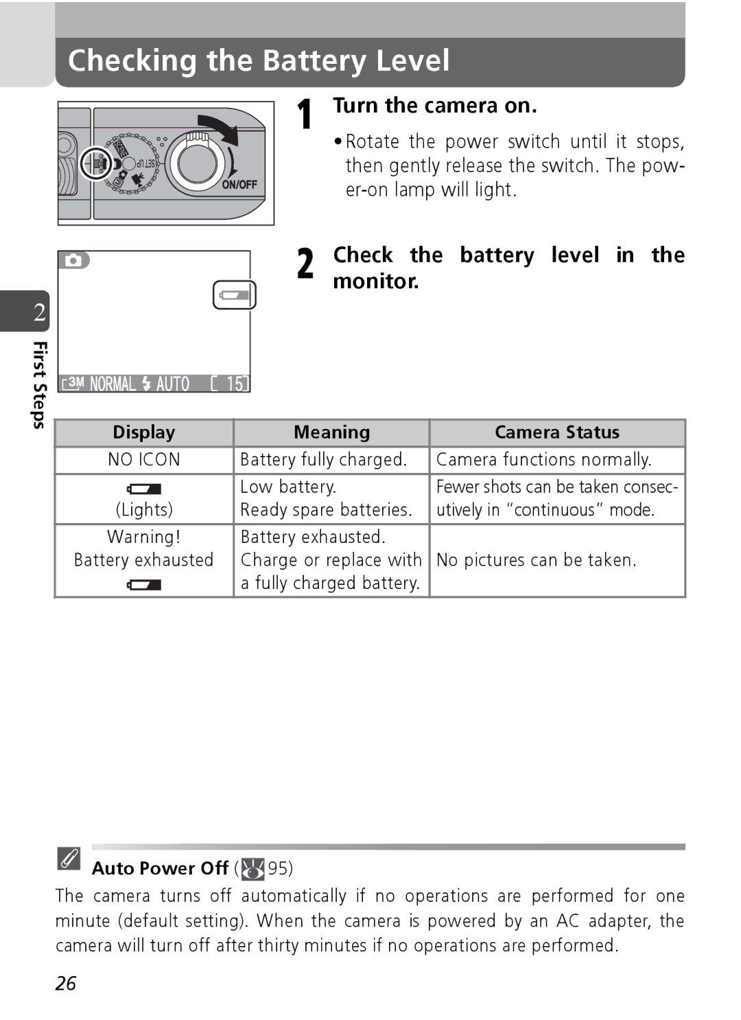 Nikon Coolpix SQ Checking the Battery Level, Turn the camera on, Check the battery level in the monitor, Auto Power Off 