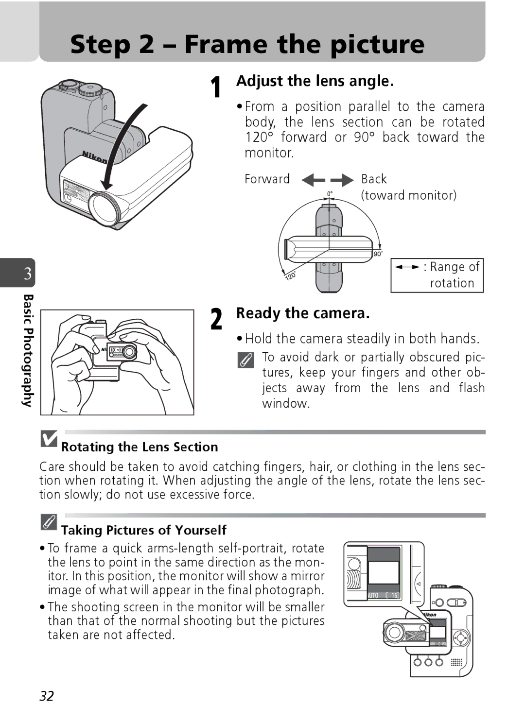 Nikon Coolpix SQ manual Frame the picture, Adjust the lens angle, Ready the camera, Hold the camera steadily in both hands 