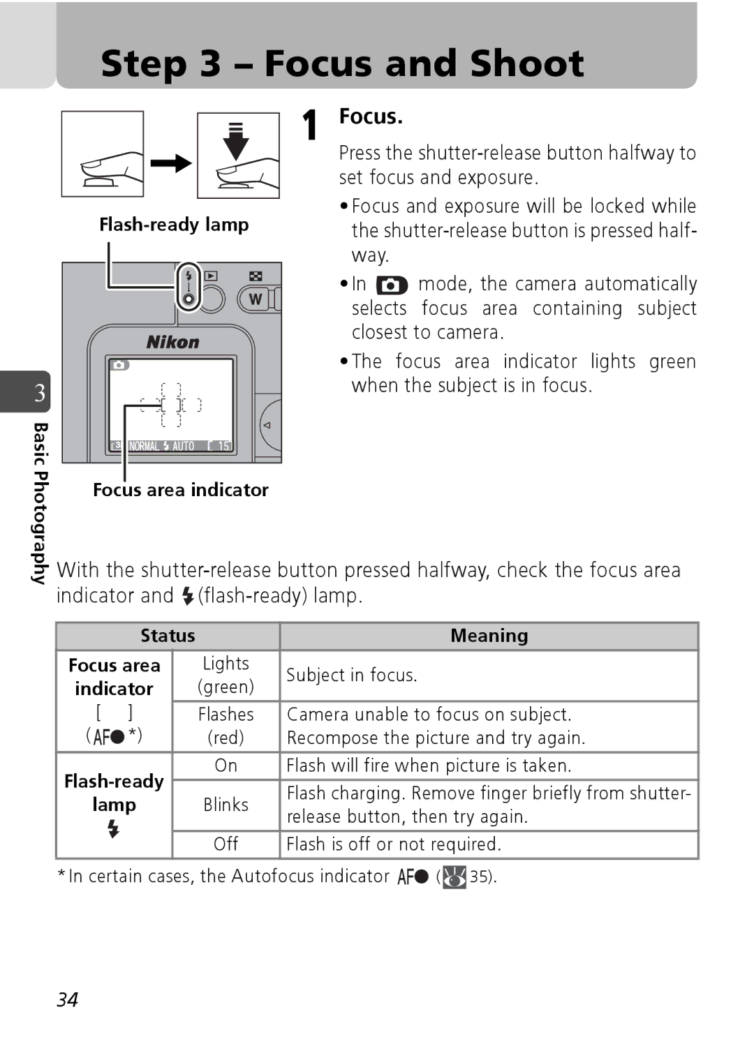 Nikon Coolpix SQ manual Focus and Shoot, Focus area indicator, Status Meaning 