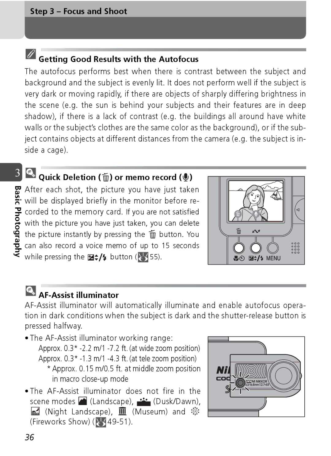 Nikon Coolpix SQ manual Focus and Shoot Getting Good Results with the Autofocus, Quick Deletion or memo record 
