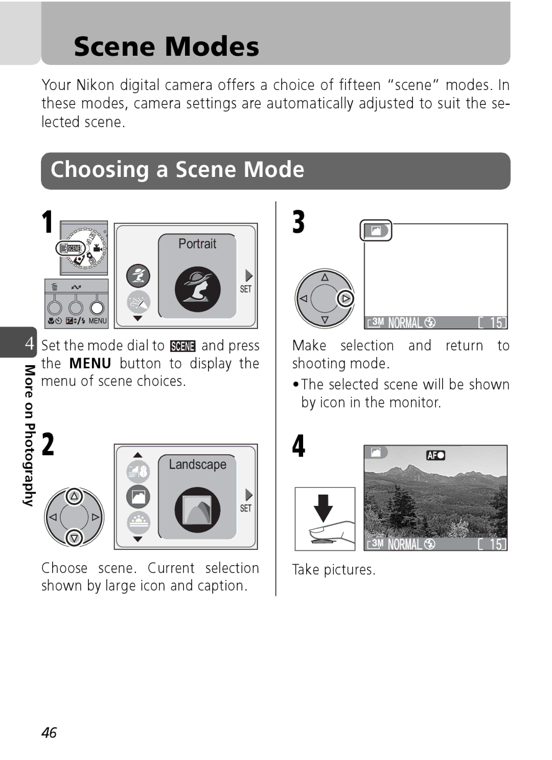 Nikon Coolpix SQ manual Scene Modes, Choosing a Scene Mode, By icon in the monitor, Choose scene. Current selection 