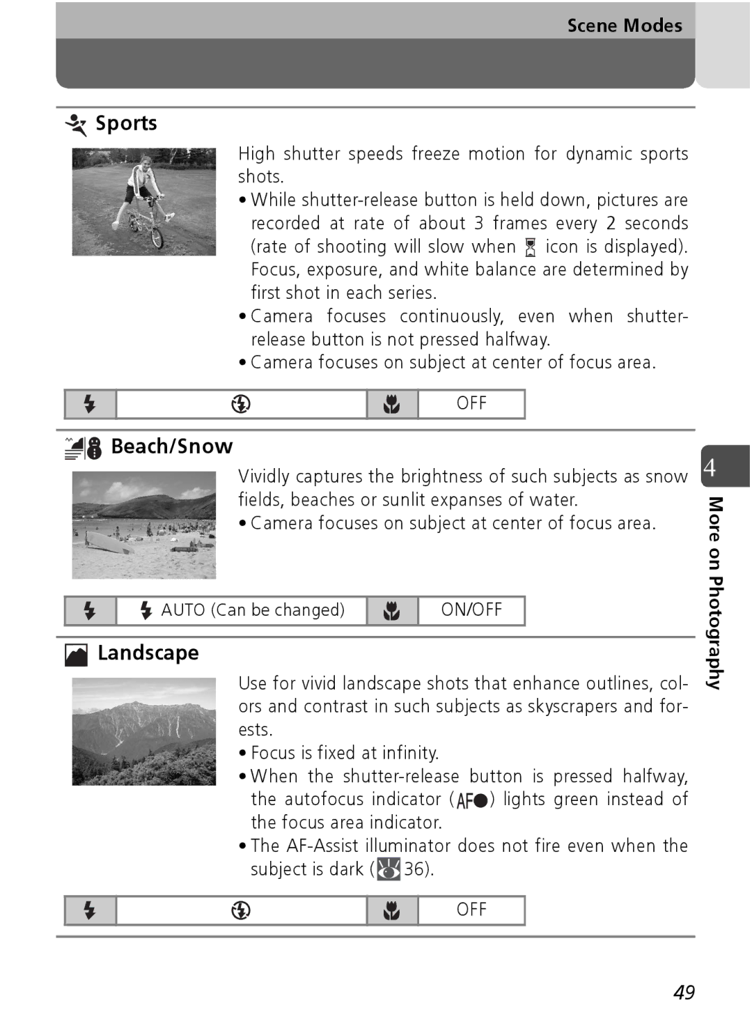 Nikon Coolpix SQ manual Sports, Beach/Snow, Landscape 