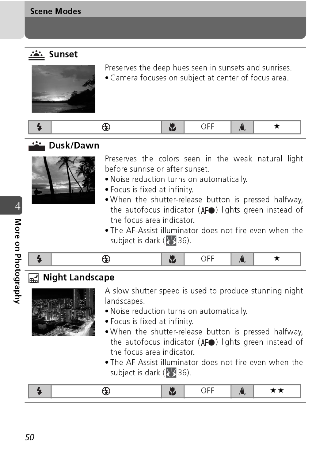 Nikon Coolpix SQ manual Sunset, Dusk/Dawn, Night Landscape 