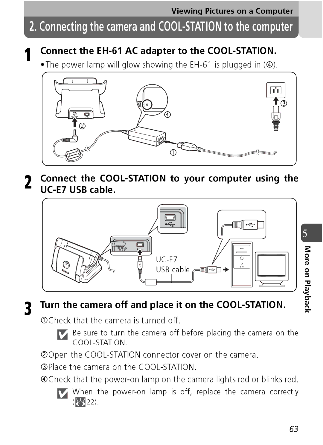 Nikon Coolpix SQ manual Turn the camera off and place it on the COOL-STATION, CCheck that the camera is turned off 