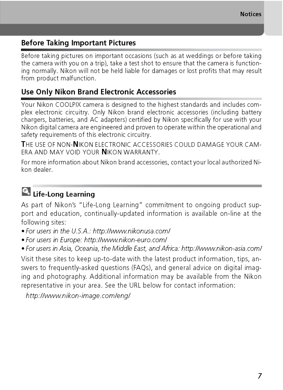 Nikon Coolpix SQ manual Before Taking Important Pictures, Life-Long Learning 