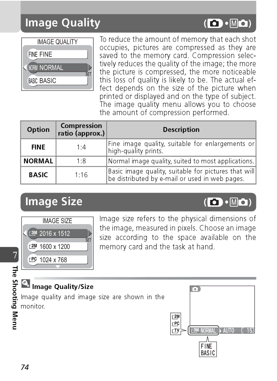 Nikon Coolpix SQ manual Image Size, Option, Shooting Menu Image Quality/Size 