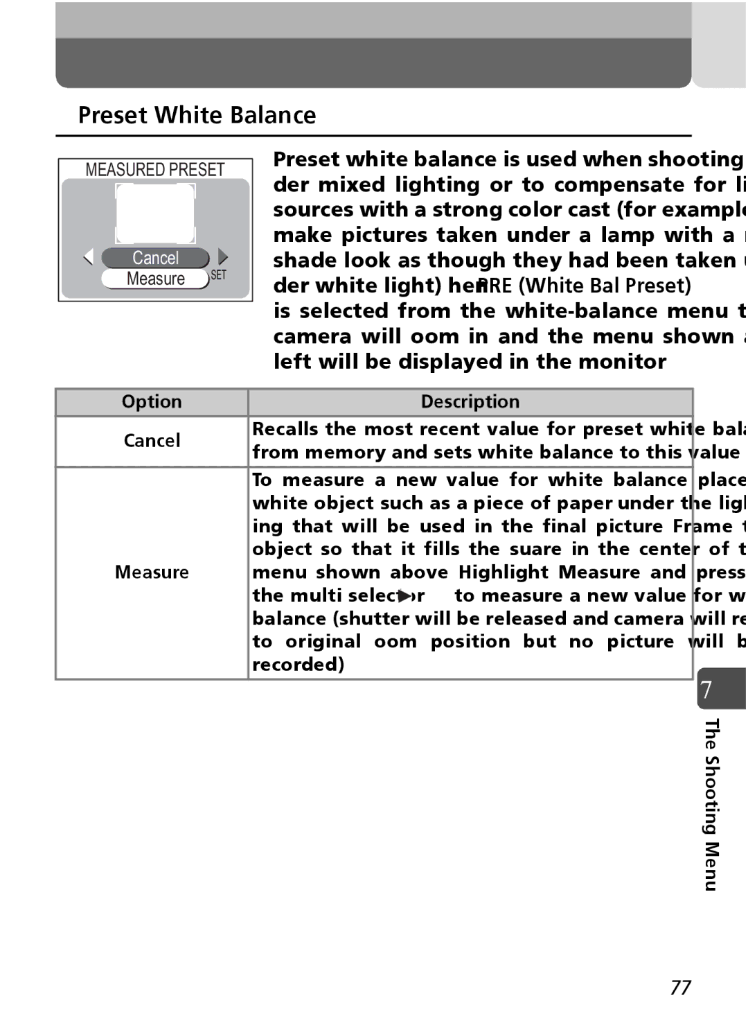 Nikon Coolpix SQ manual Preset White Balance, Option Description 