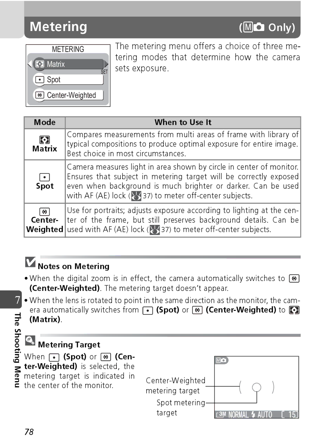 Nikon Coolpix SQ manual Metering, Mode When to Use It, Matrix, Spot, Weighted 