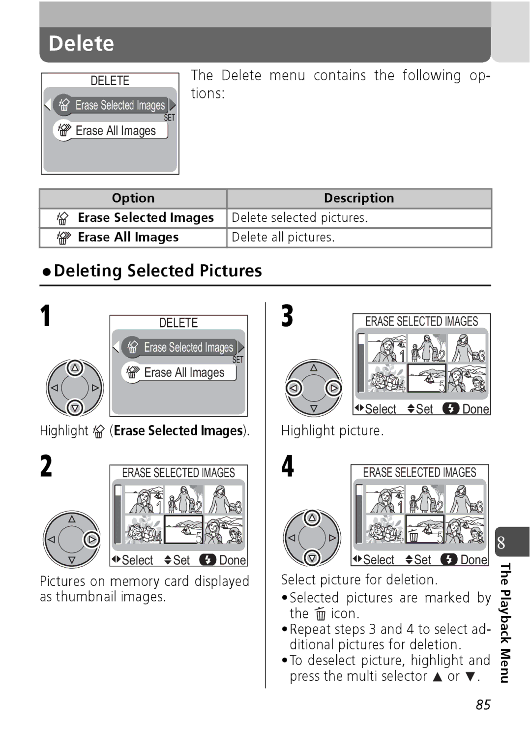 Nikon Coolpix SQ manual Delete menu contains the following op- tions 