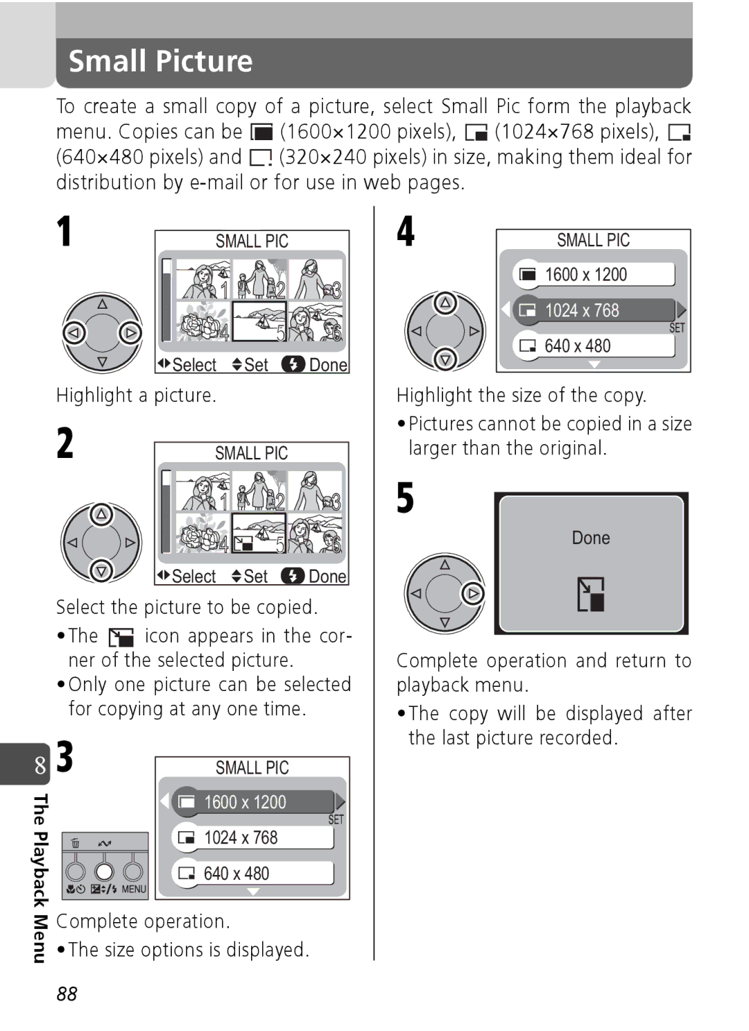 Nikon Coolpix SQ manual Small Picture, Highlight a picture, Larger than the original 