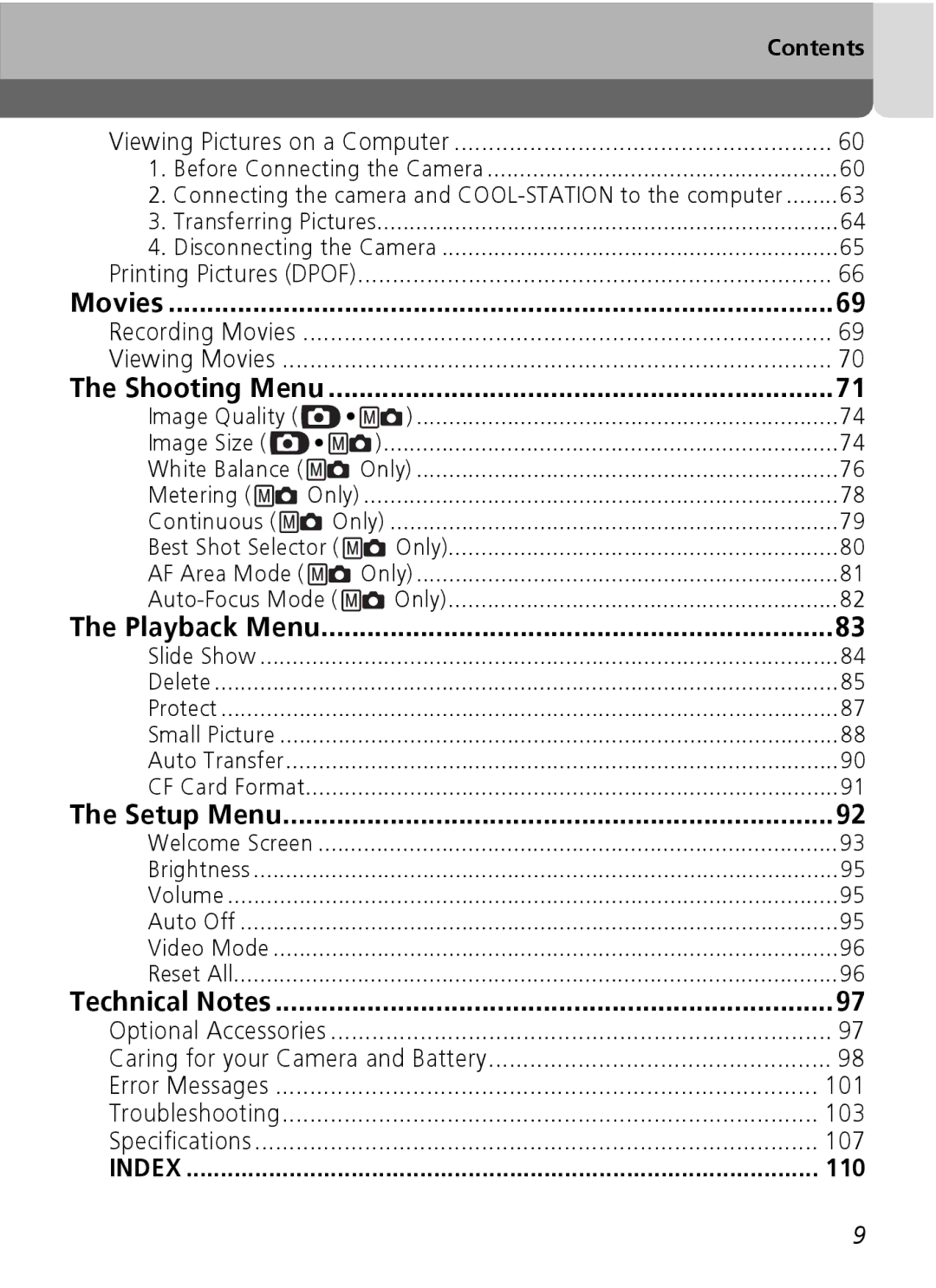 Nikon Coolpix SQ manual Viewing Pictures on a Computer, Printing Pictures Dpof, Contents, 110 