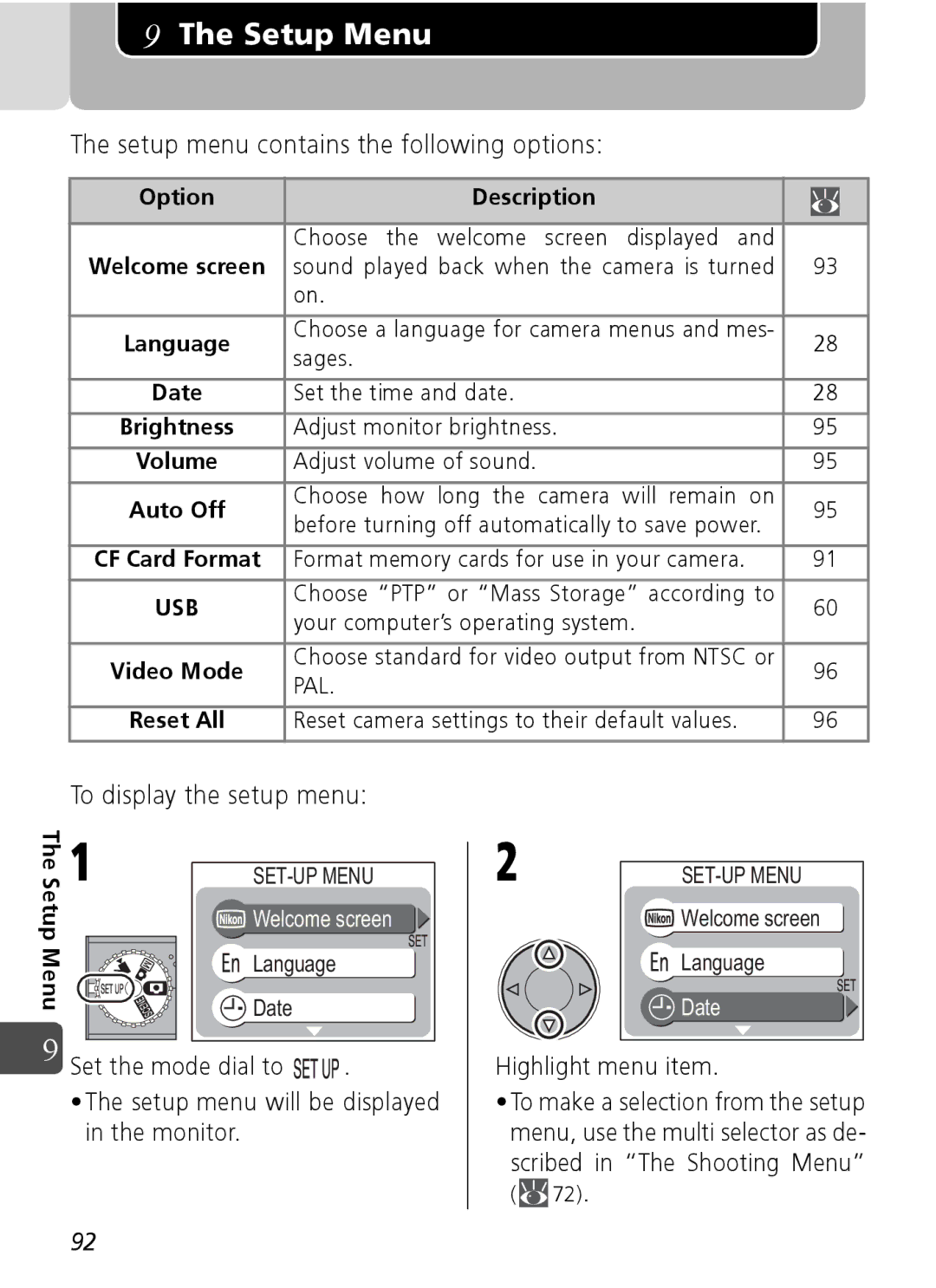 Nikon Coolpix SQ manual Setup menu contains the following options, To display the setup menu, Auto Off 