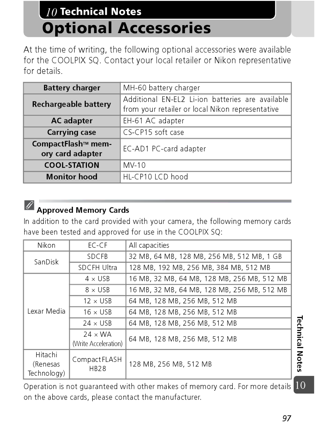 Nikon Coolpix SQ manual Optional Accessories, Battery charger, Monitor hood, Technical Notes 