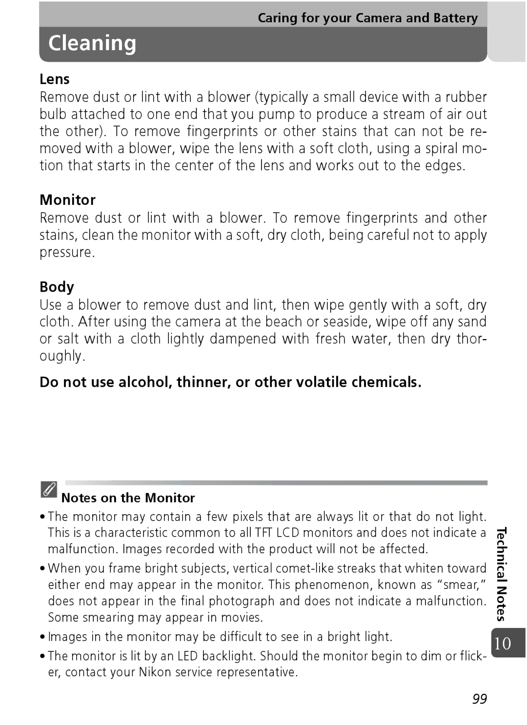 Nikon Coolpix SQ manual Cleaning, Lens, Monitor, Body, Do not use alcohol, thinner, or other volatile chemicals 