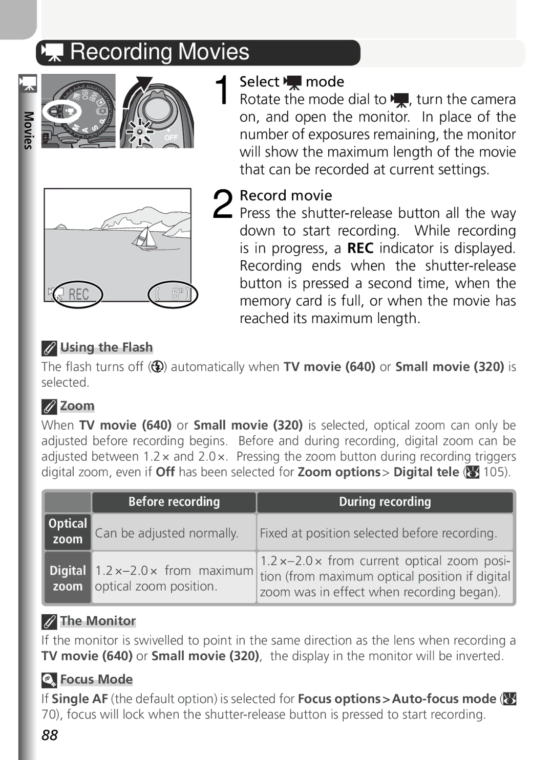 Nikon COOLPIX5400 manual Recording Movies, Record movie, Before recording, Optical 