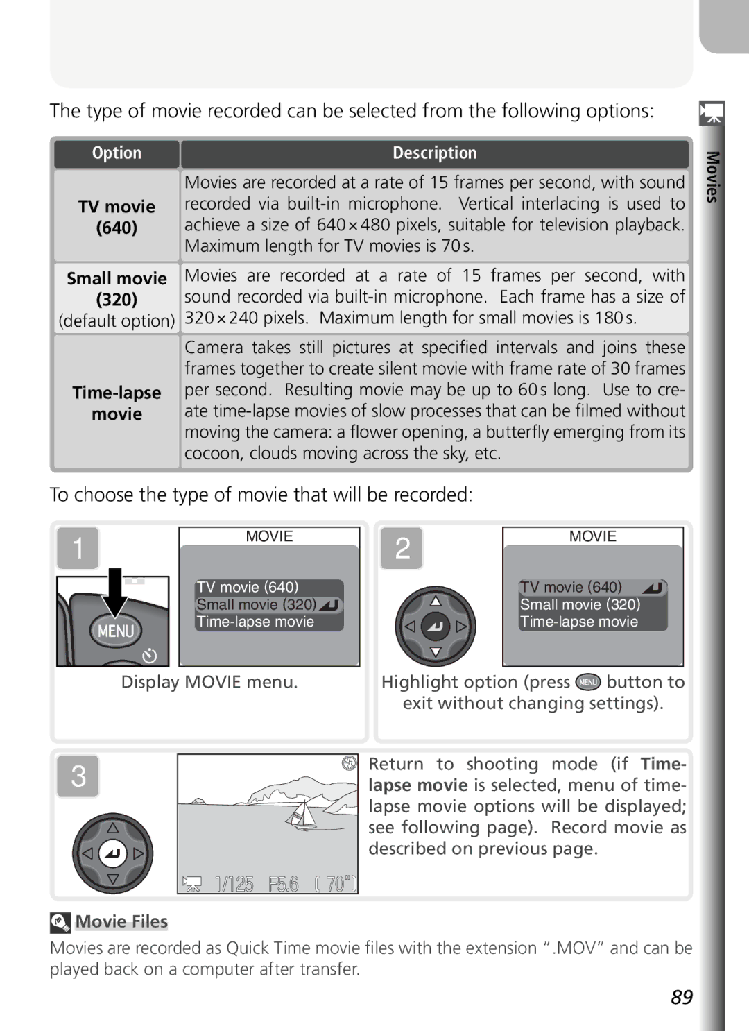 Nikon COOLPIX5400 manual To choose the type of movie that will be recorded, Movies Time-lapse, Movie Files 