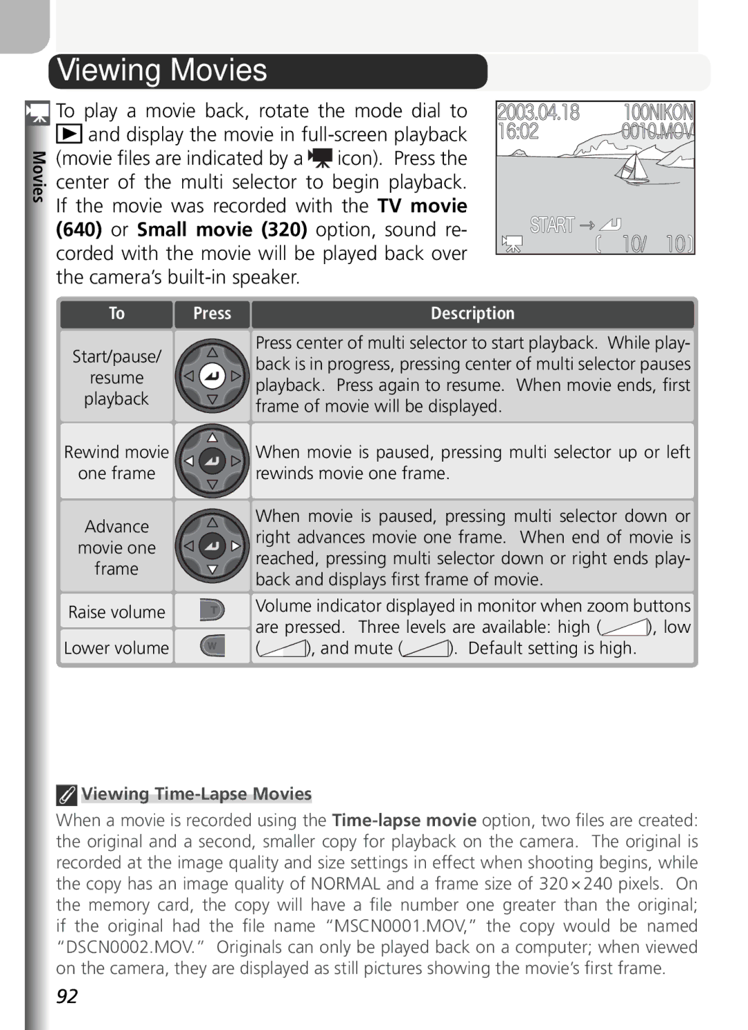 Nikon COOLPIX5400 manual Viewing Movies, Are pressed. Three levels are available high, Viewing Time-Lapse Movies 