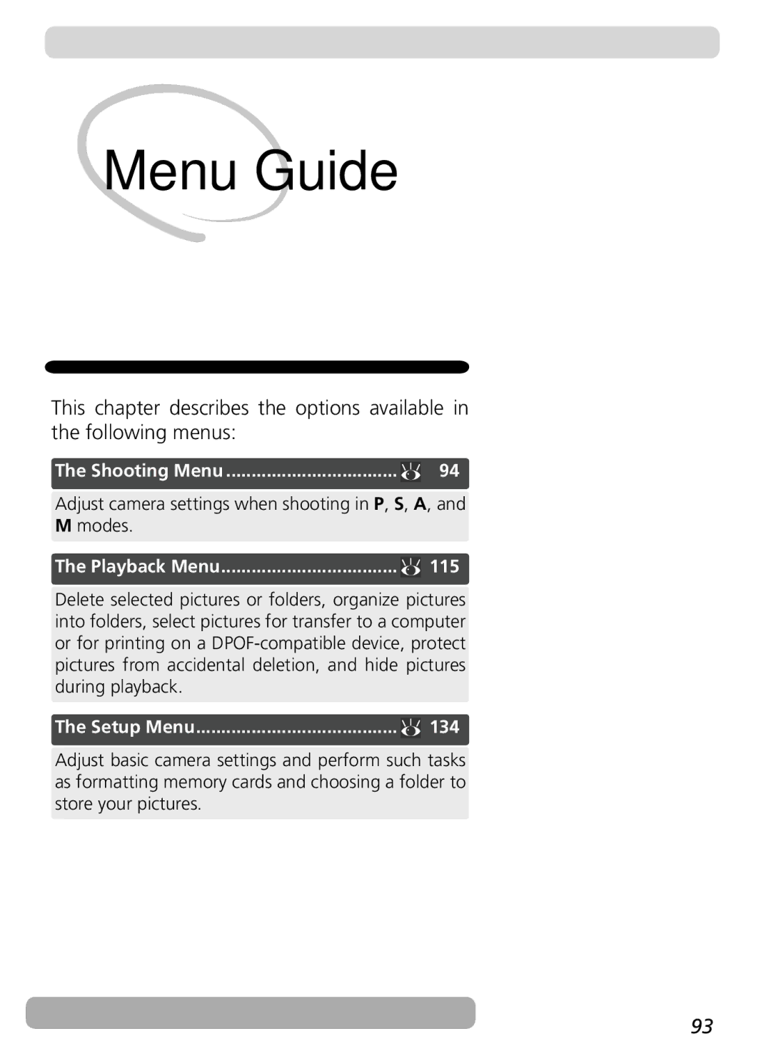 Nikon COOLPIX5400 Shooting Menu, Adjust camera settings when shooting in P, S, A, Modes, Playback Menu 115, Setup Menu 134 