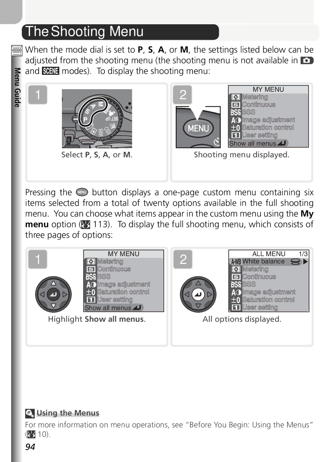 Nikon COOLPIX5400 manual Shooting Menu, Modes. To display the shooting menu, Menu Guide, Highlight Show all menus 