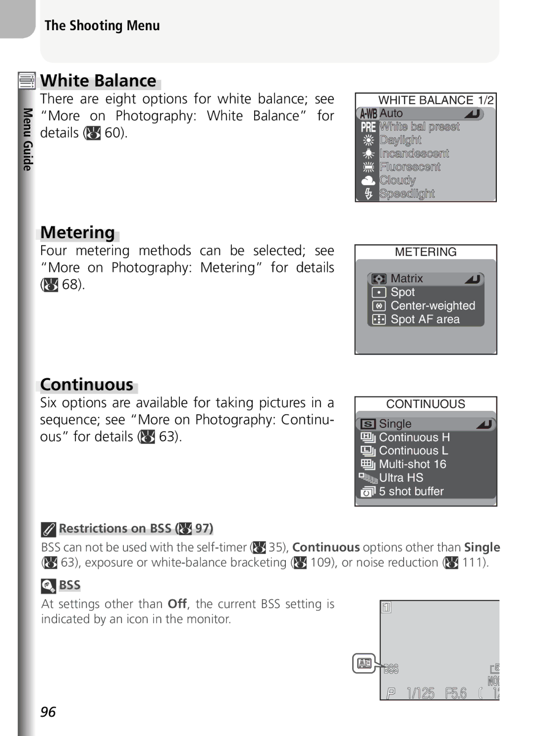 Nikon COOLPIX5400 manual Metering, Continuous, Shooting Menu, More On Photography White Balance for 