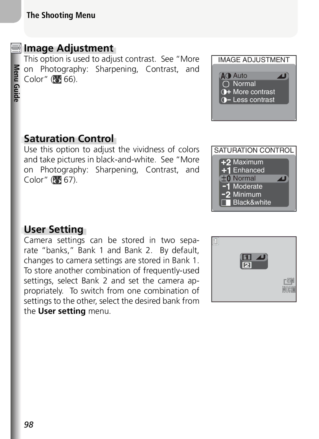 Nikon COOLPIX5400 manual User Setting, Color, On Photography Sharpening, Contrast 