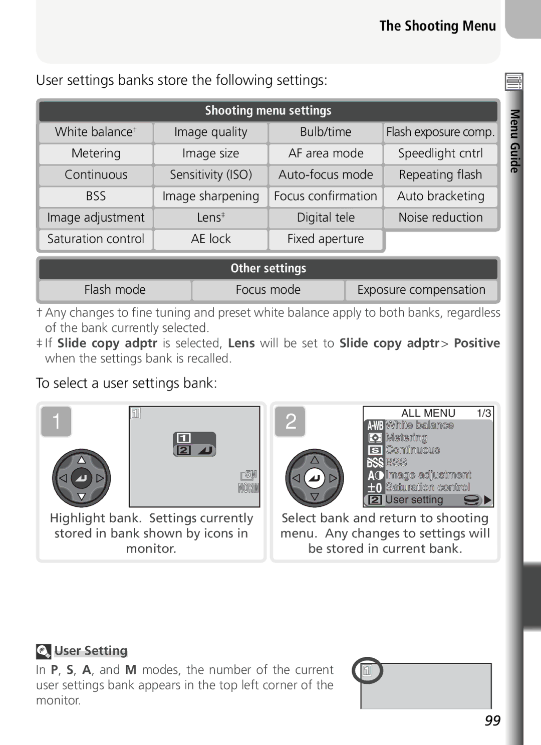 Nikon COOLPIX5400 User settings banks store the following settings, To select a user settings bank, Shooting menu settings 