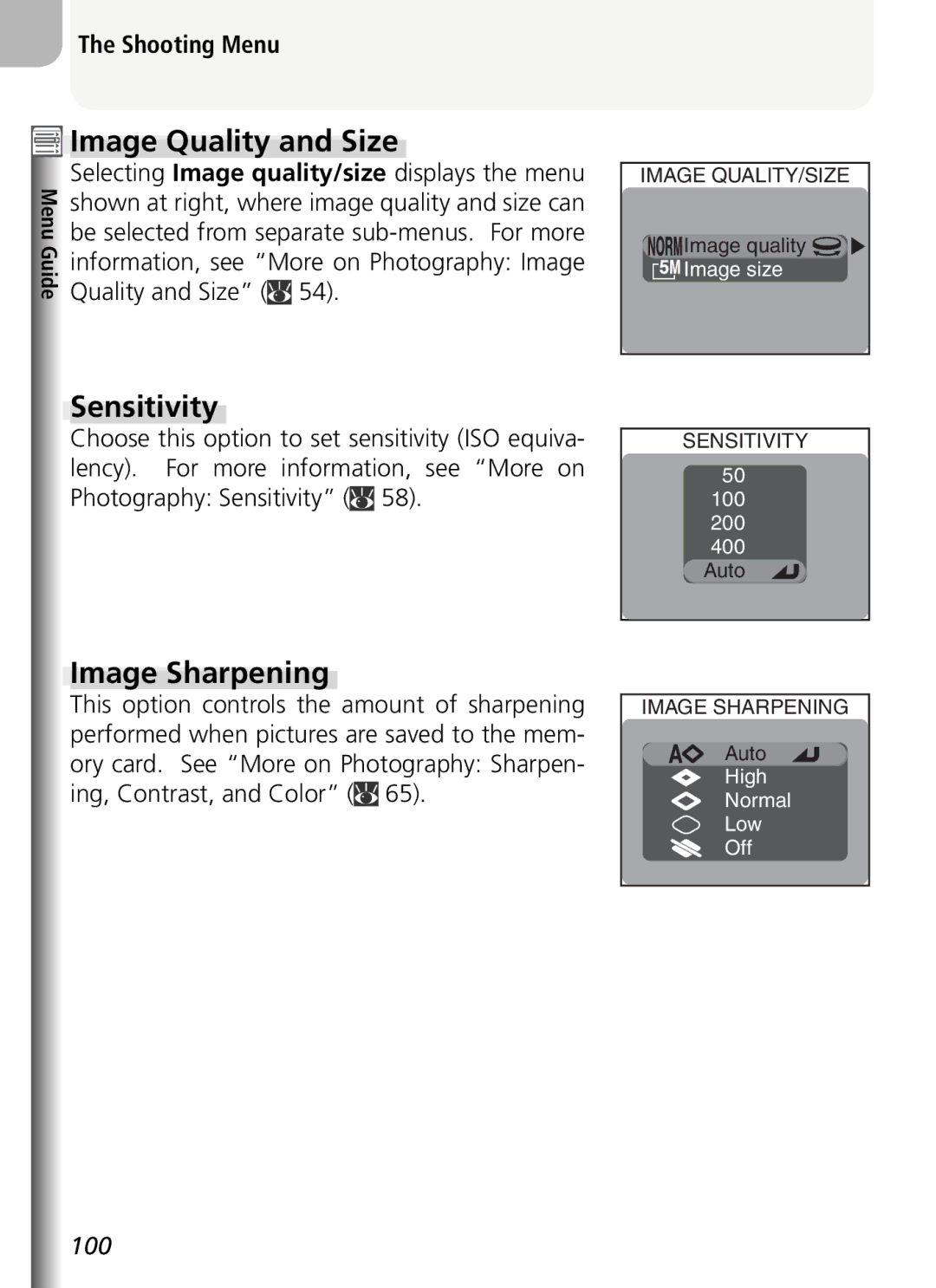 Nikon COOLPIX5400 manual Image Quality and Size, Sensitivity, Selecting Image quality/size displays the menu 