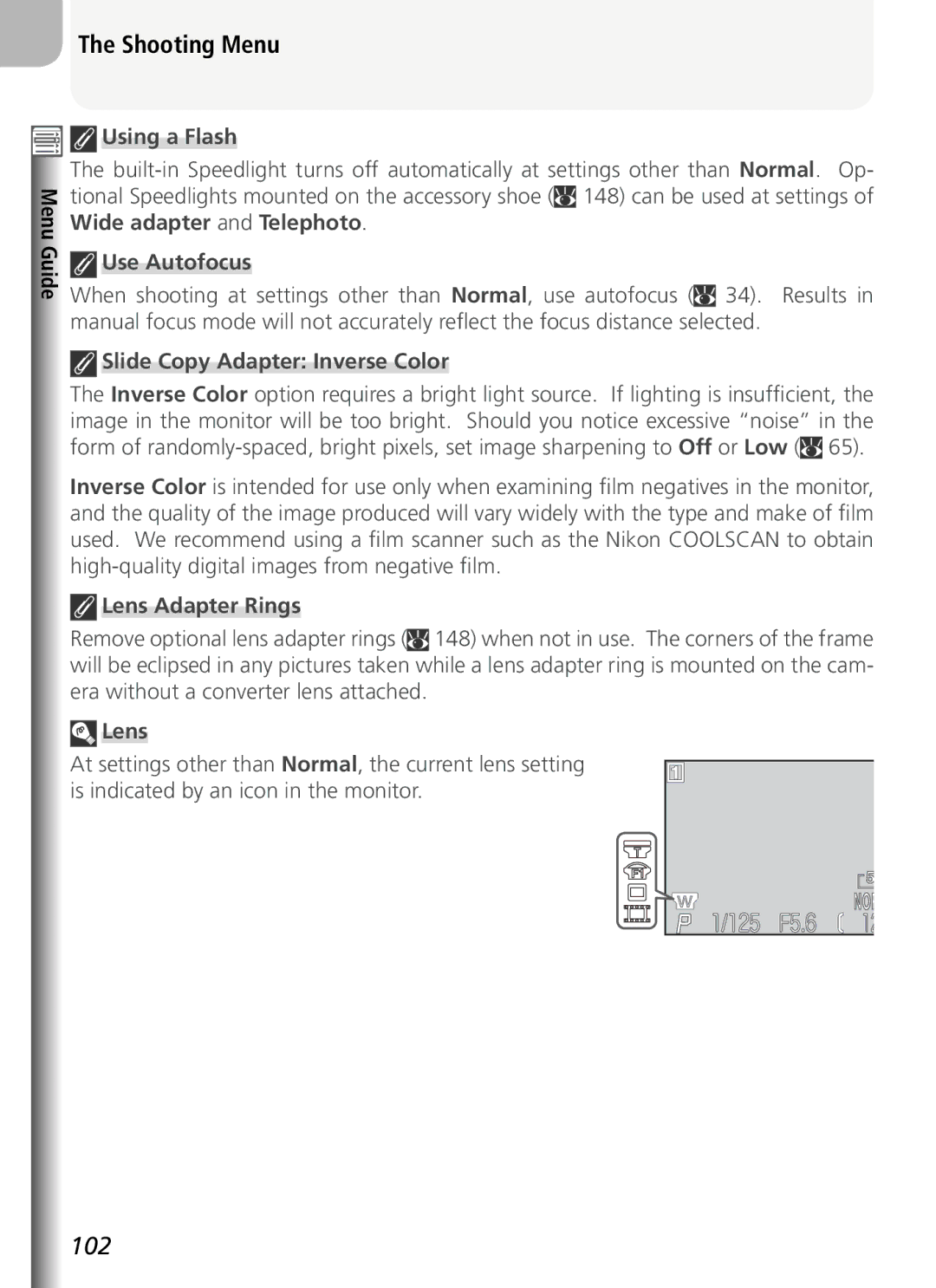 Nikon COOLPIX5400 manual Wide adapter and Telephoto, Slide Copy Adapter Inverse Color, Lens Adapter Rings 