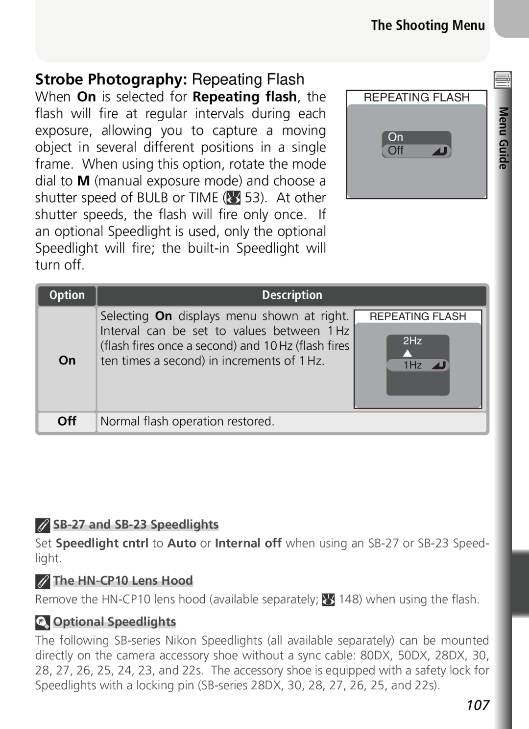 Nikon COOLPIX5400 manual Strobe Photography Repeating Flash, SB-27 and SB-23 Speedlights, HN-CP10 Lens Hood 
