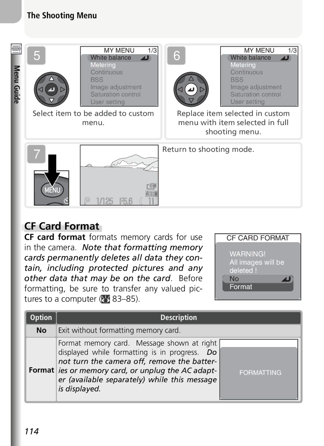 Nikon COOLPIX5400 manual CF Card Format, Option 