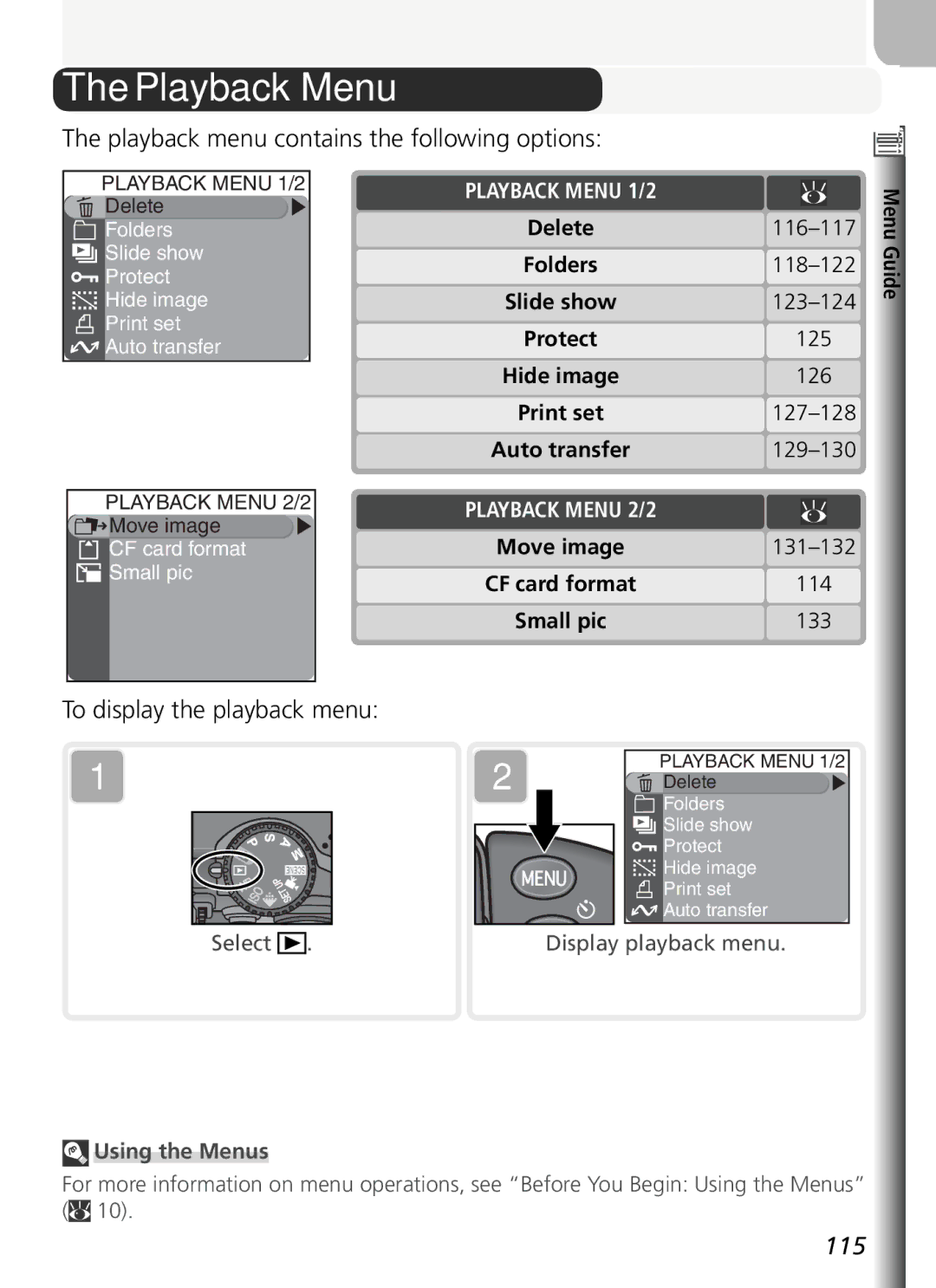 Nikon COOLPIX5400 manual Playback Menu, Playback menu contains the following options, To display the playback menu 