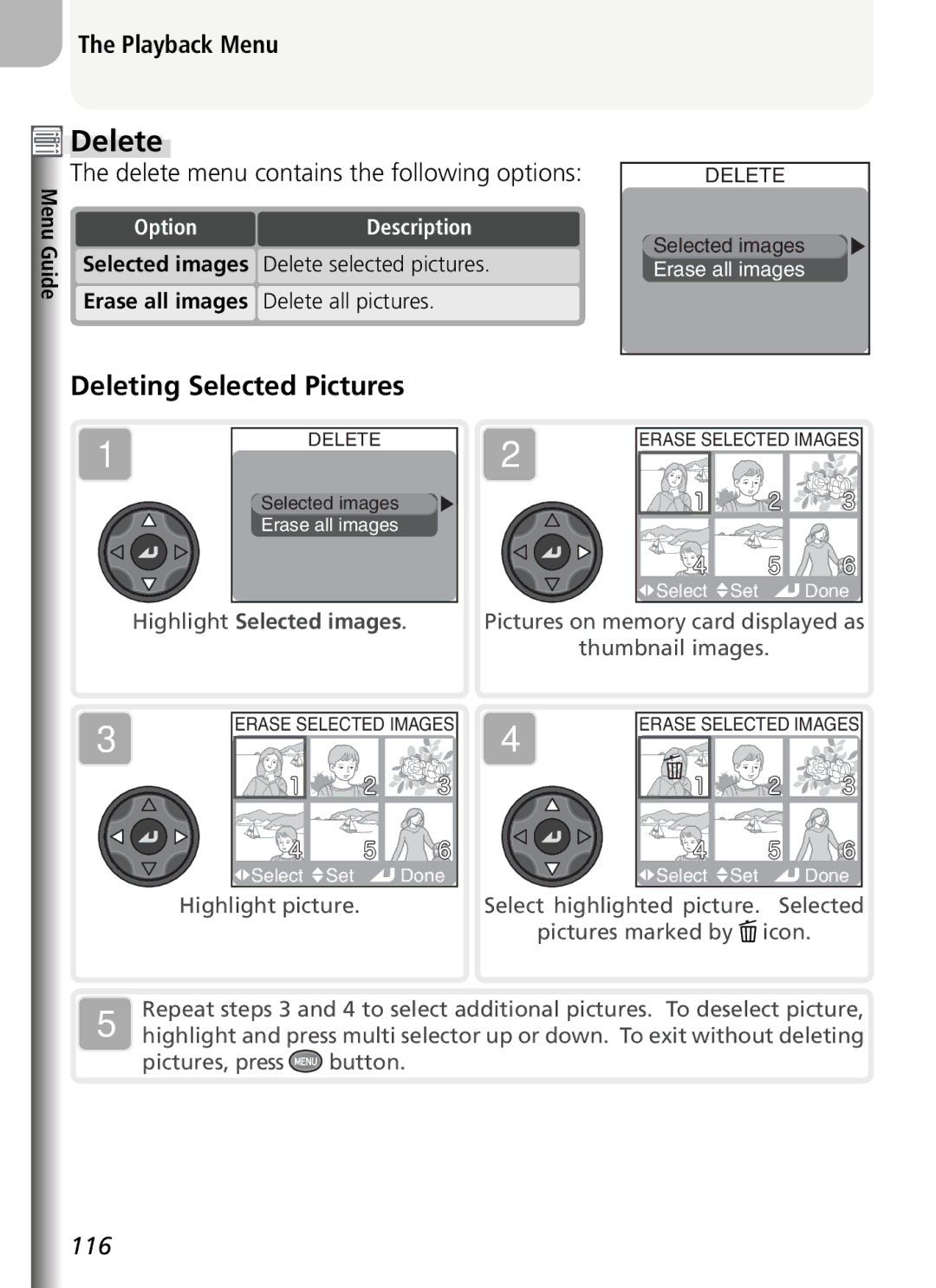 Nikon COOLPIX5400 manual Deleting Selected Pictures, Playback Menu, Delete menu contains the following options 