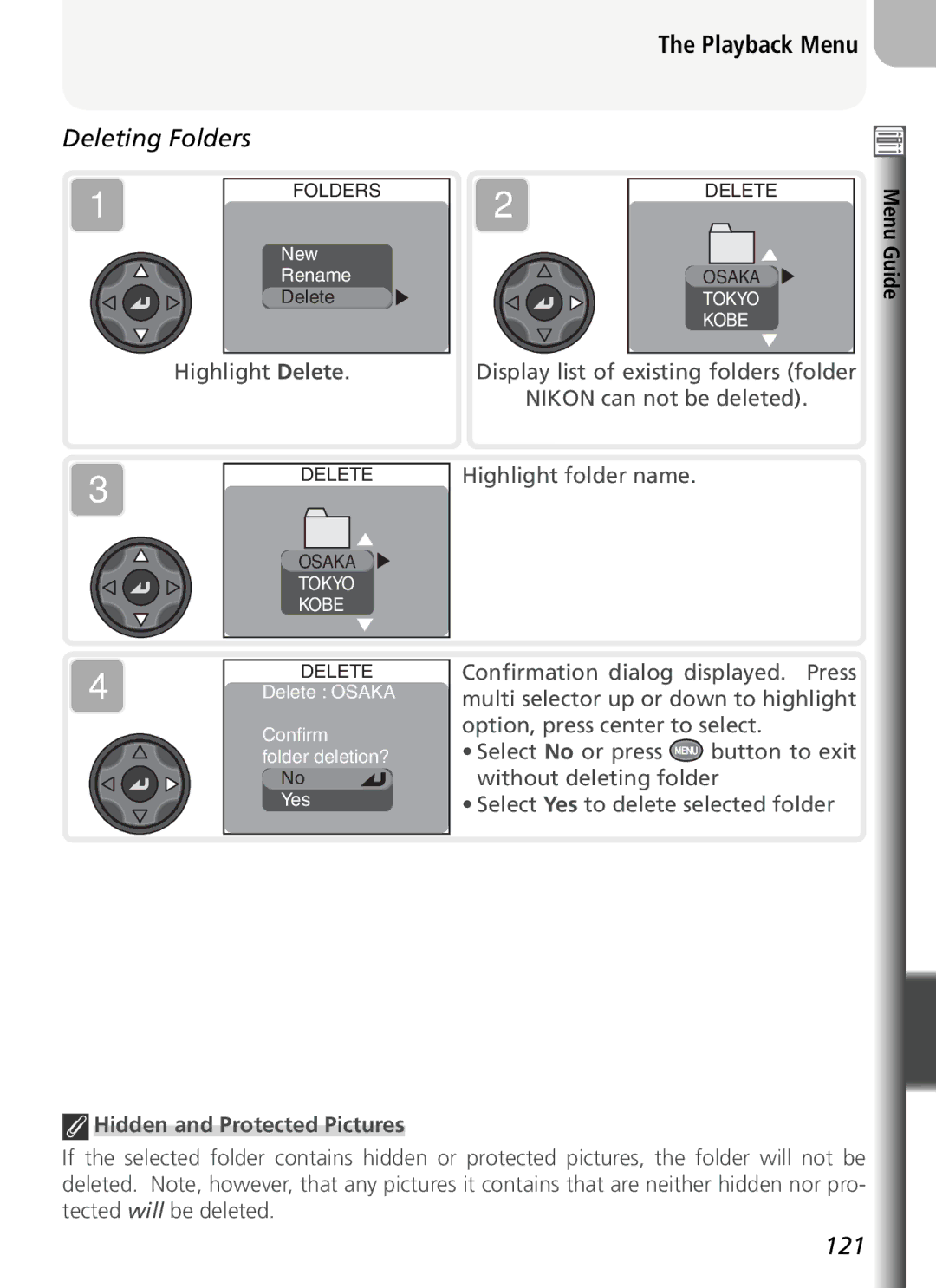 Nikon COOLPIX5400 manual Deleting Folders, Hidden and Protected Pictures 