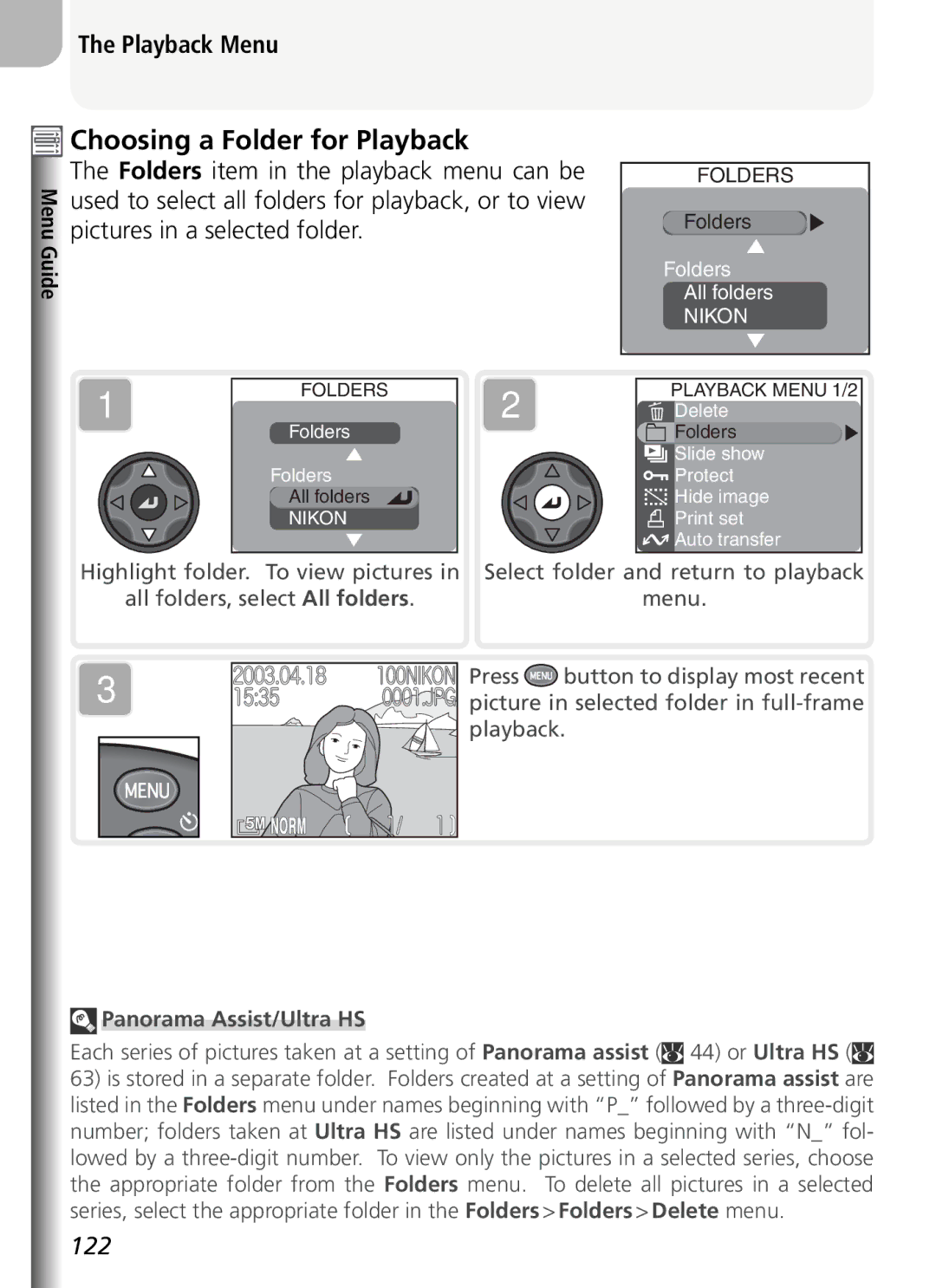 Nikon COOLPIX5400 Choosing a Folder for Playback, Pictures in a selected folder, Folders item in the playback menu can be 