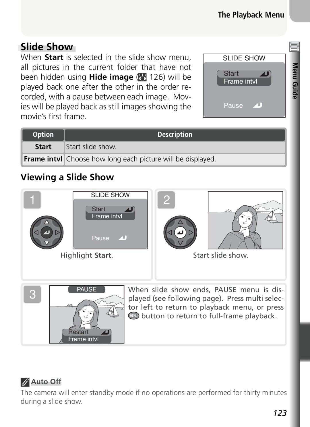 Nikon COOLPIX5400 manual Viewing a Slide Show, Start Start slide show, Auto Off 