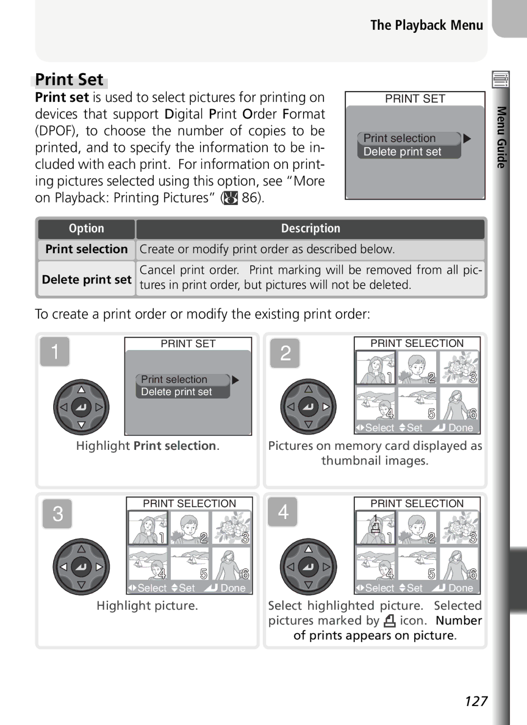 Nikon COOLPIX5400 manual Print Set, To create a print order or modify the existing print order, Highlight Print selection 