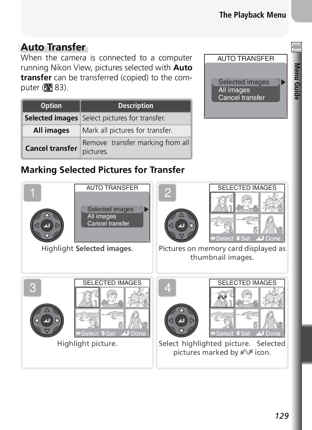 Nikon COOLPIX5400 manual Auto Transfer, Marking Selected Pictures for Transfer, Playback Menu 