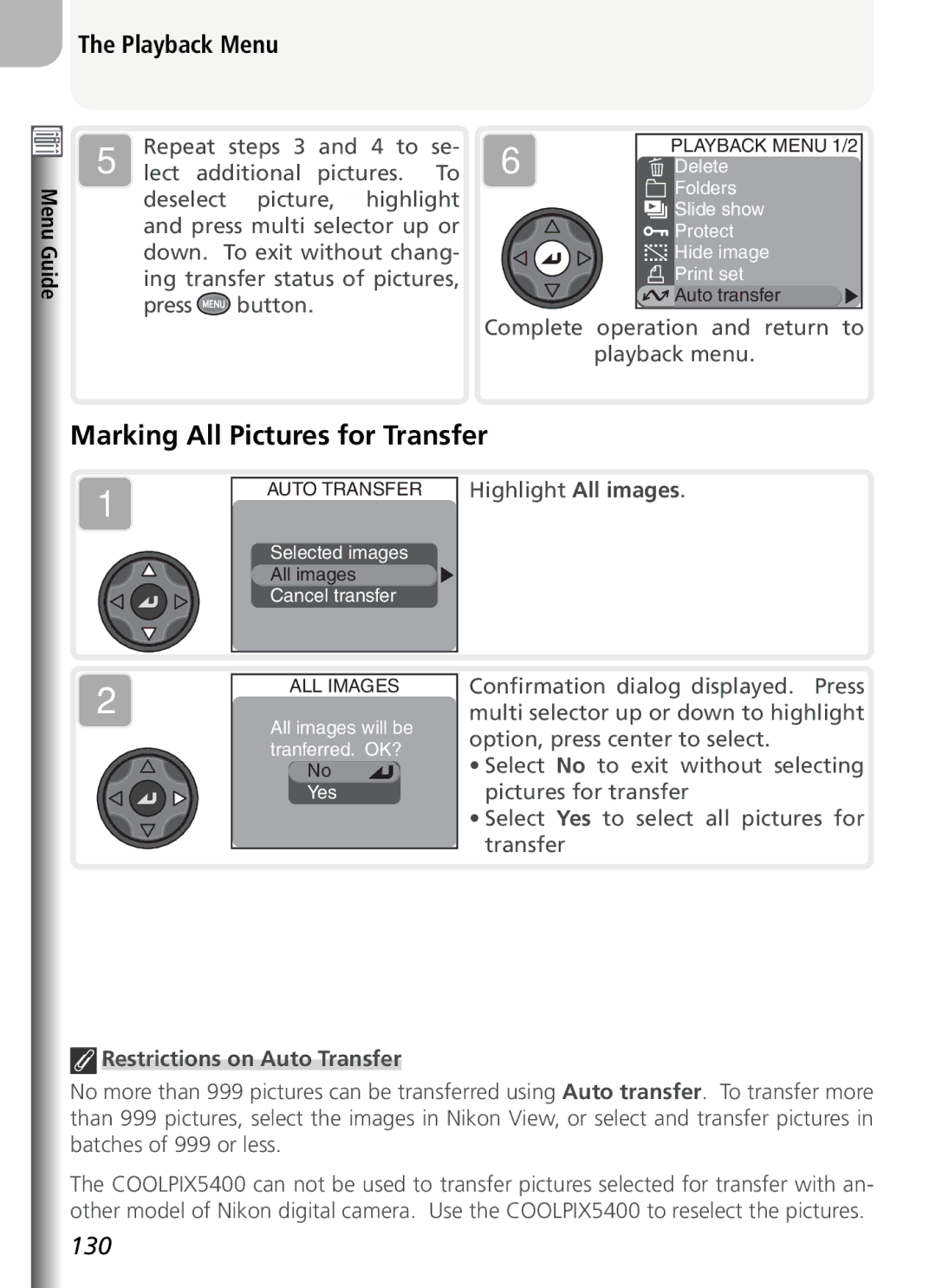 Nikon COOLPIX5400 manual Marking All Pictures for Transfer, Restrictions on Auto Transfer 