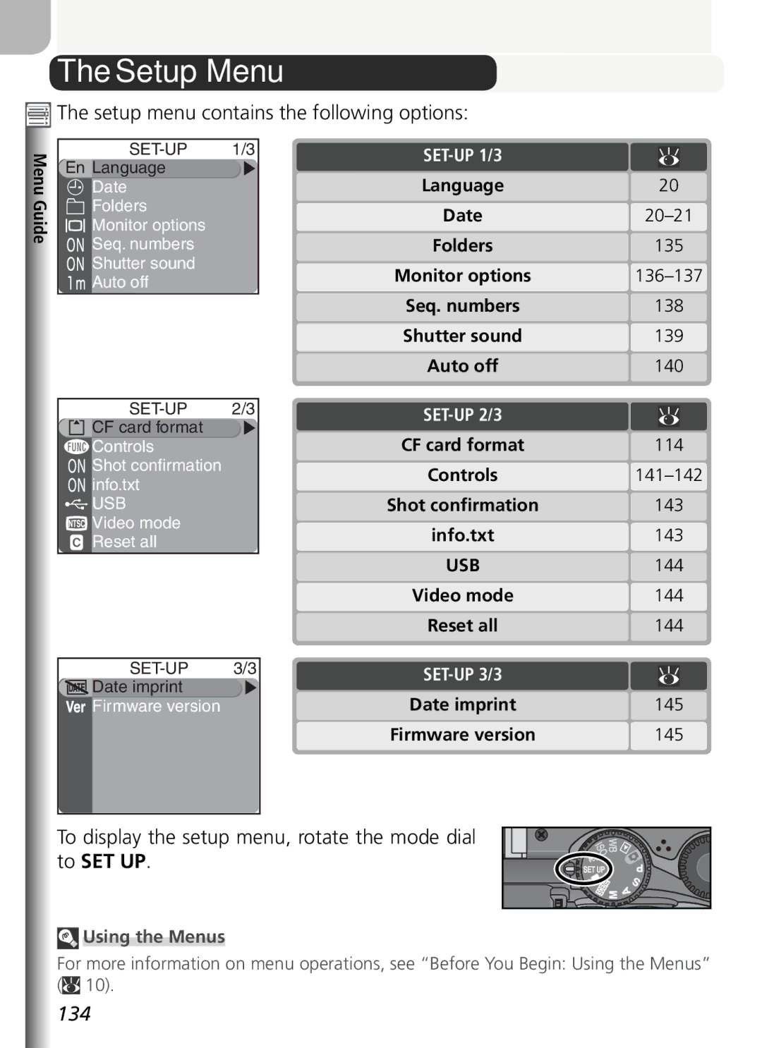 Nikon COOLPIX5400 manual Setup Menu, Setup menu contains the following options, SET-UP 1/3, SET-UP 2/3 