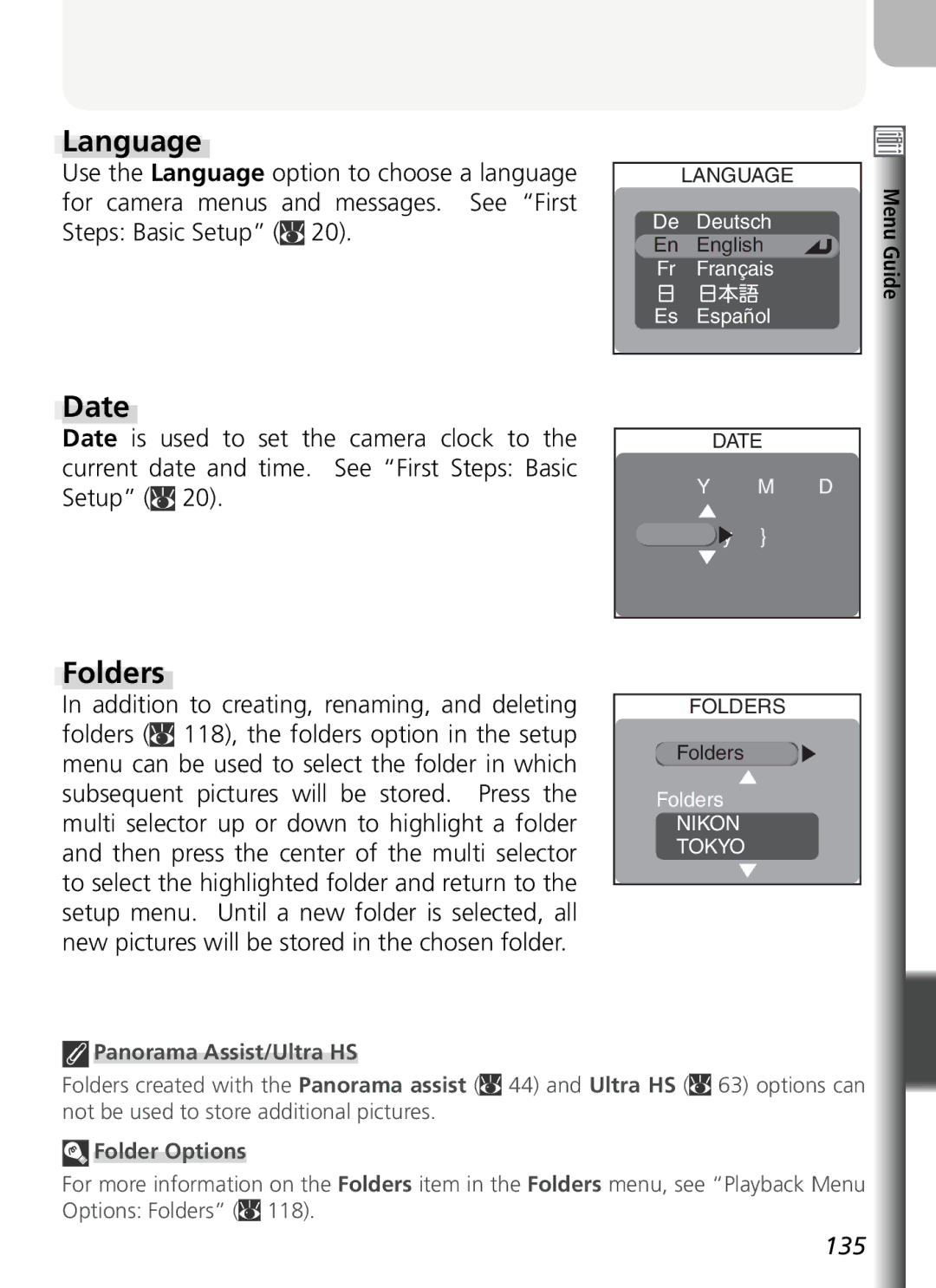 Nikon COOLPIX5400 manual Language, Date, Folders 