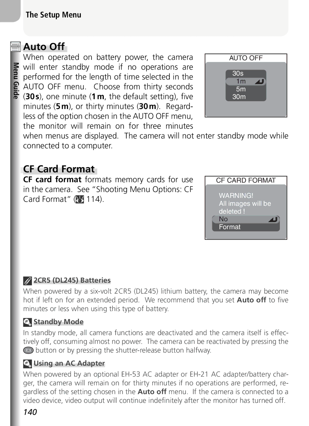 Nikon COOLPIX5400 manual Auto Off, 2CR5 DL245 Batteries, Standby Mode, Using an AC Adapter 