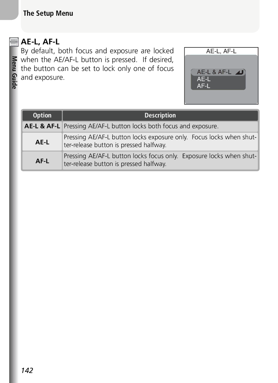 Nikon COOLPIX5400 Button can be set to lock only one of focus, Exposure, By default, both focus and exposure are locked 