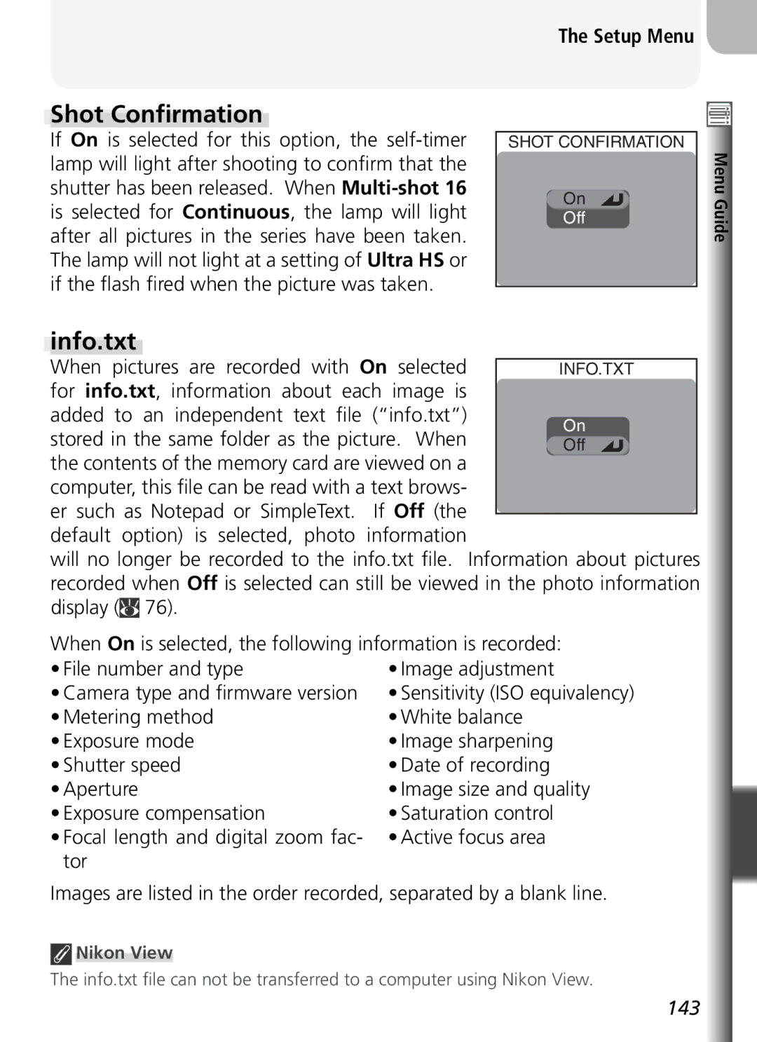 Nikon COOLPIX5400 manual Shot Conﬁrmation, Info.txt, Sensitivity ISO equivalency, Nikon View 