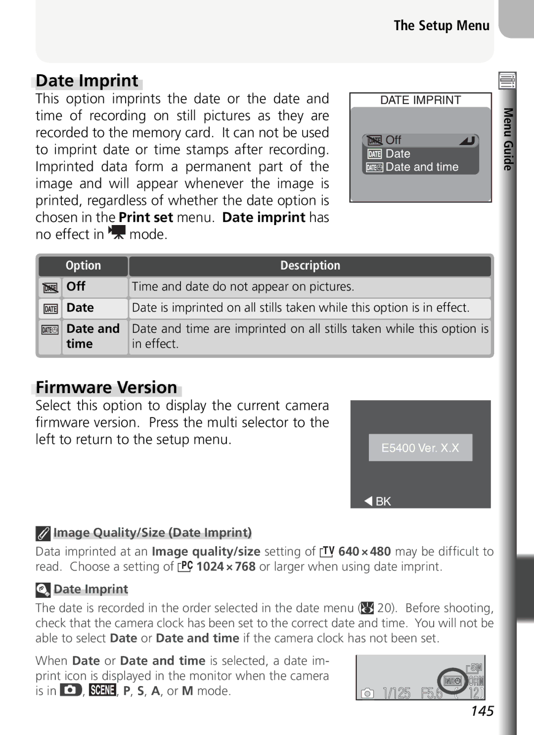 Nikon COOLPIX5400 manual Firmware Version, Option Description Off, Image Quality/Size Date Imprint 