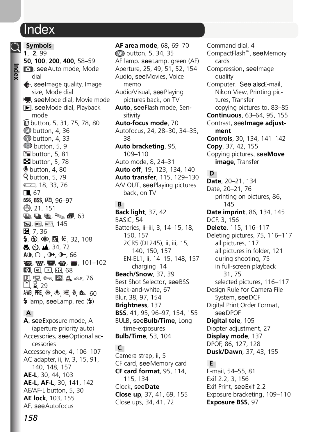 Nikon COOLPIX5400 manual Index 