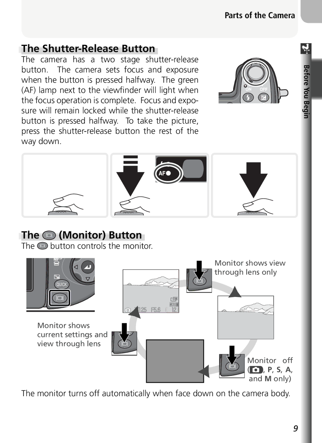 Nikon COOLPIX5400 manual Shutter-Release Button, Monitor Button, Button controls the monitor 