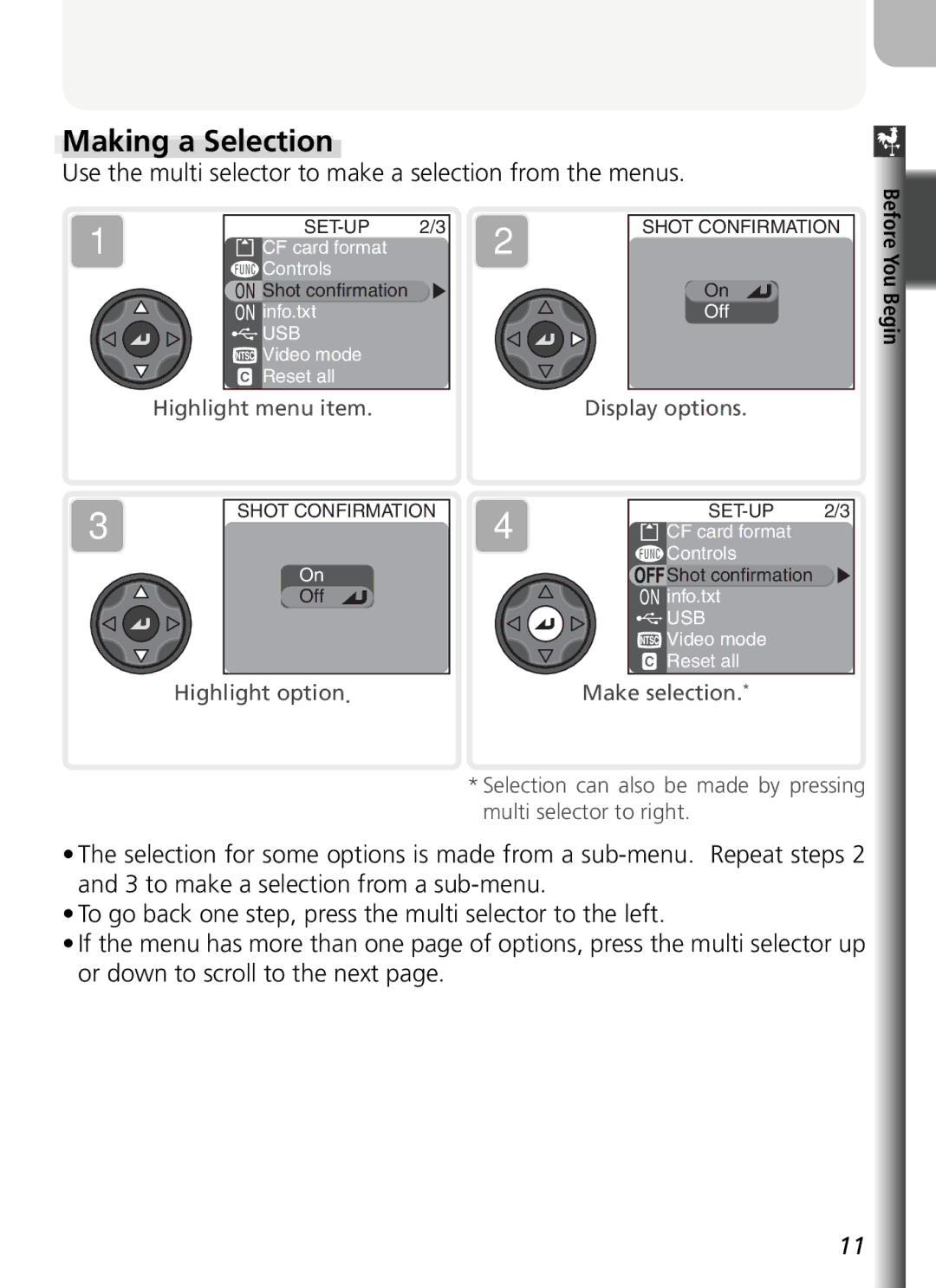 Nikon COOLPIX5400 manual Making a Selection, Use the multi selector to make a selection from the menus 